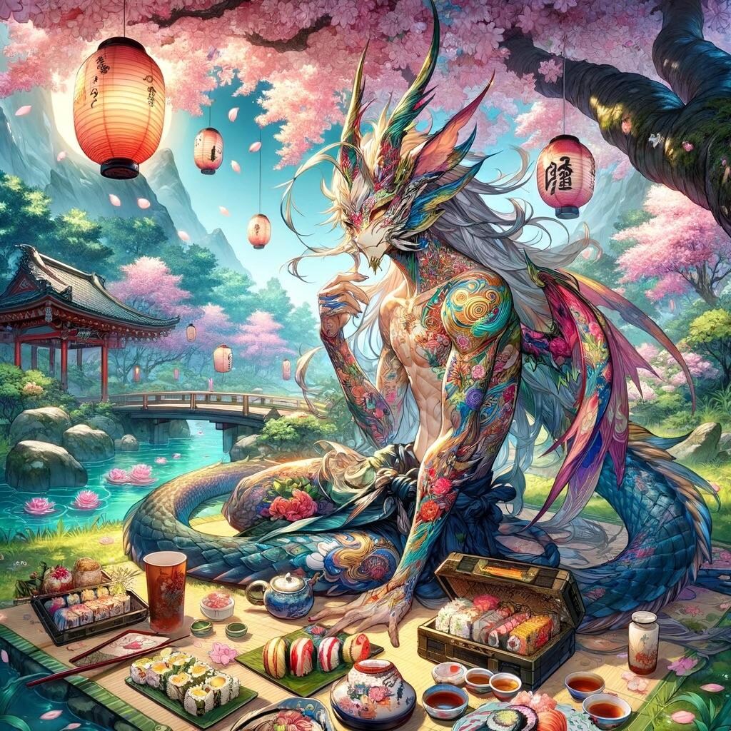 ボディペイントの妖怪が和風の異世界でピクニック。