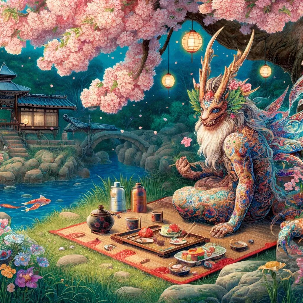 ボディペイントの妖怪が和風の異世界でピクニック。