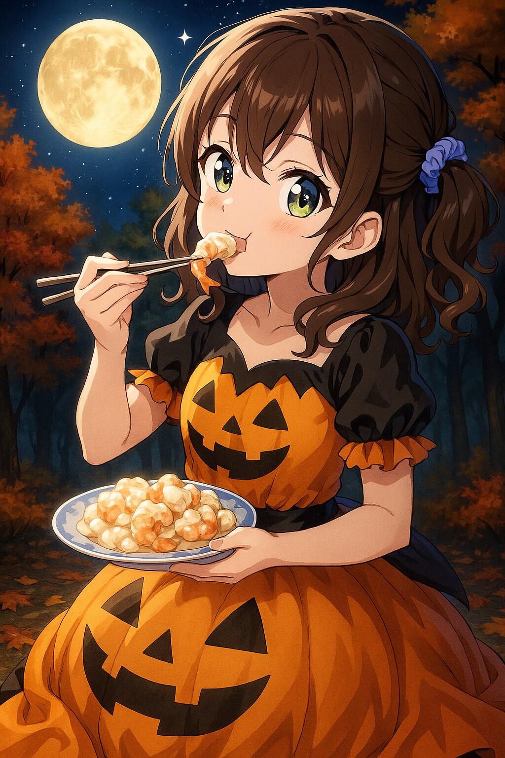 ハロウィンの準備をしながらエビマヨを食べるホカさん