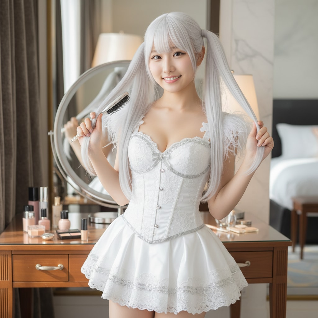 白ツイさん。髪を梳かす。