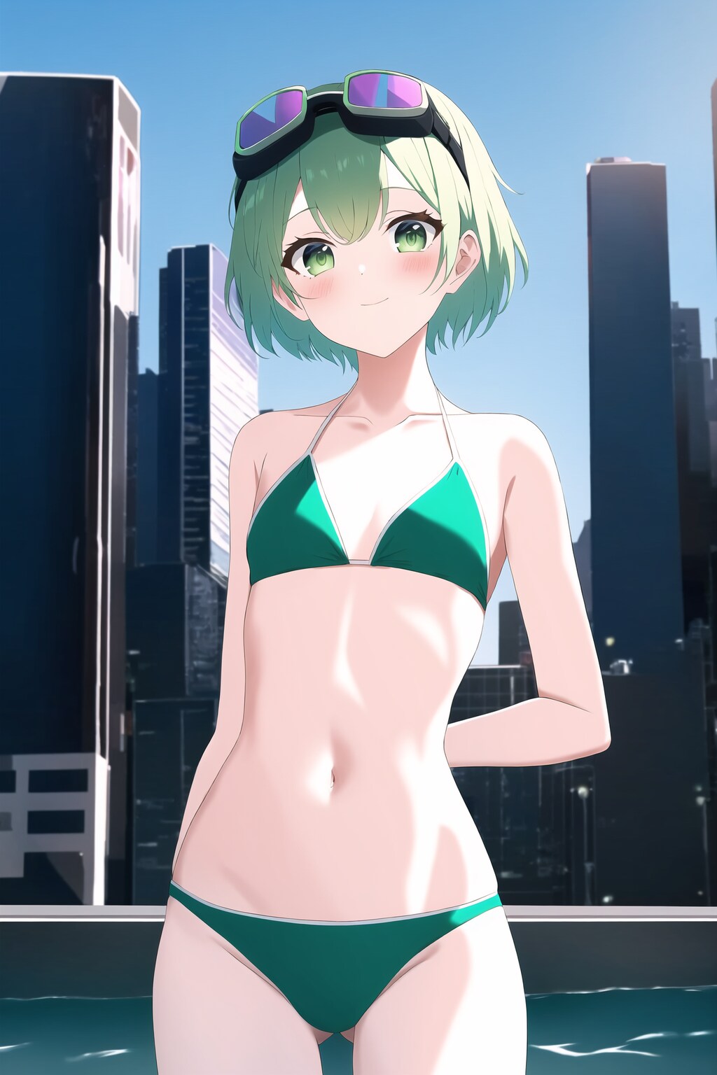 街中屋外プールでビキニ