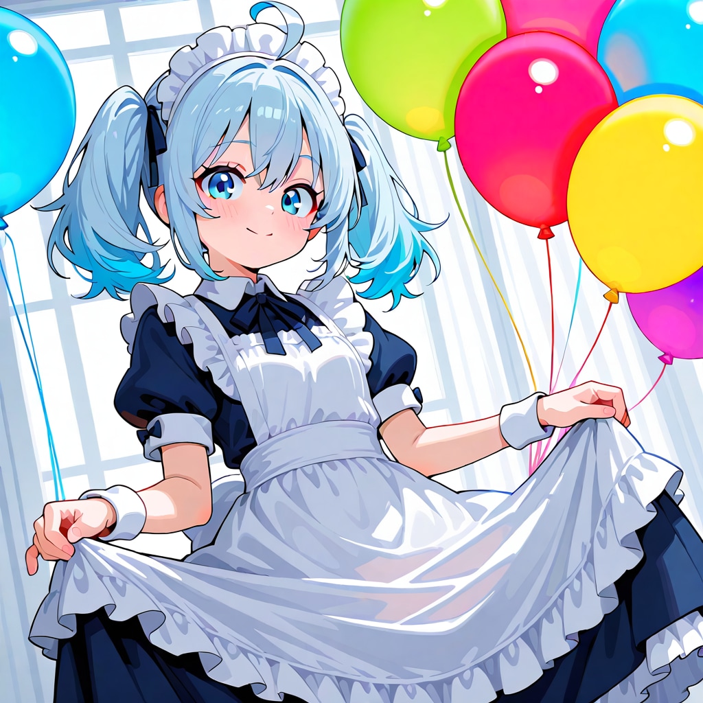 いっぱい色とりどりの風船を持つ水色髪ツインテールのメイド服着た美少女