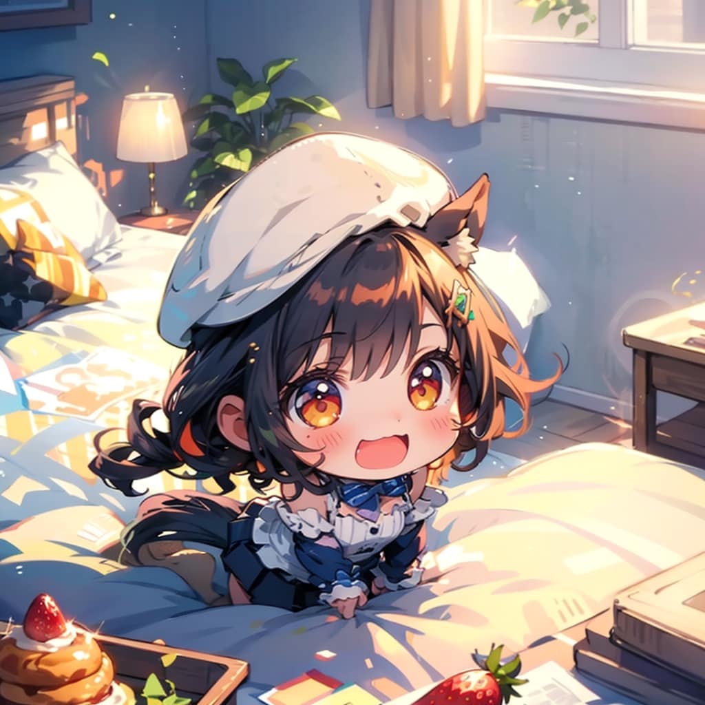 ベッドの上で笑っている、ちびちゃん。