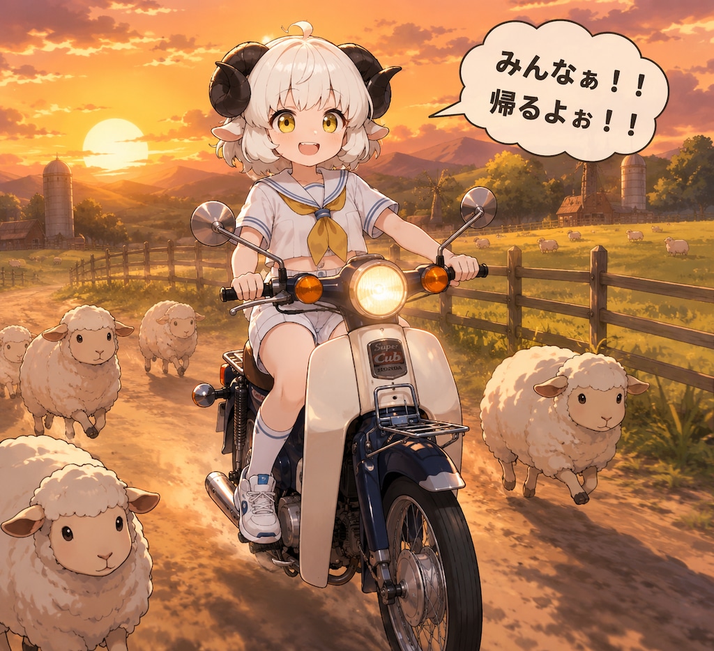 牧場内をカブで移動するメイちゃん♡