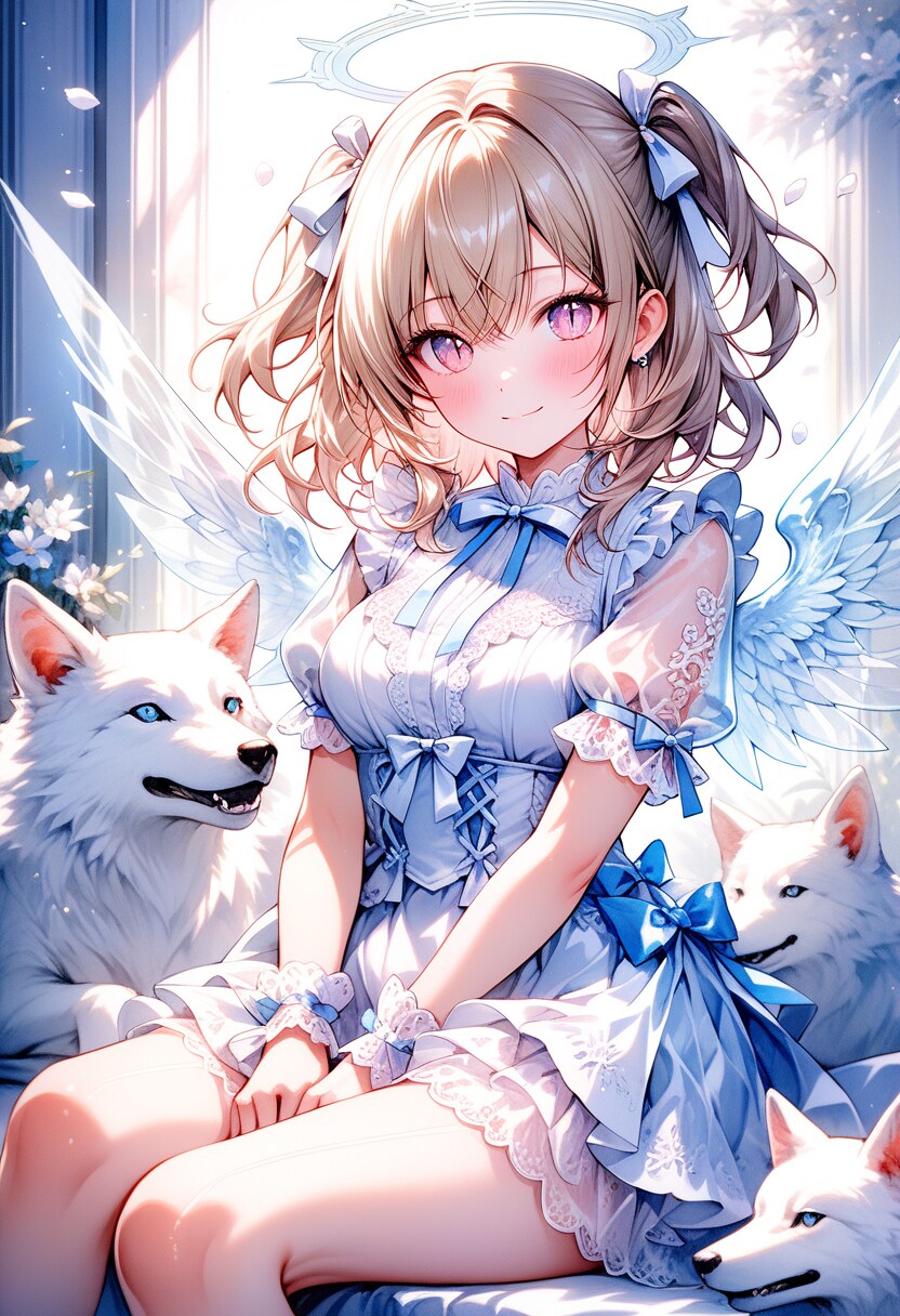 天使の美少女と白い犬たち | の人気AIイラスト・グラビア