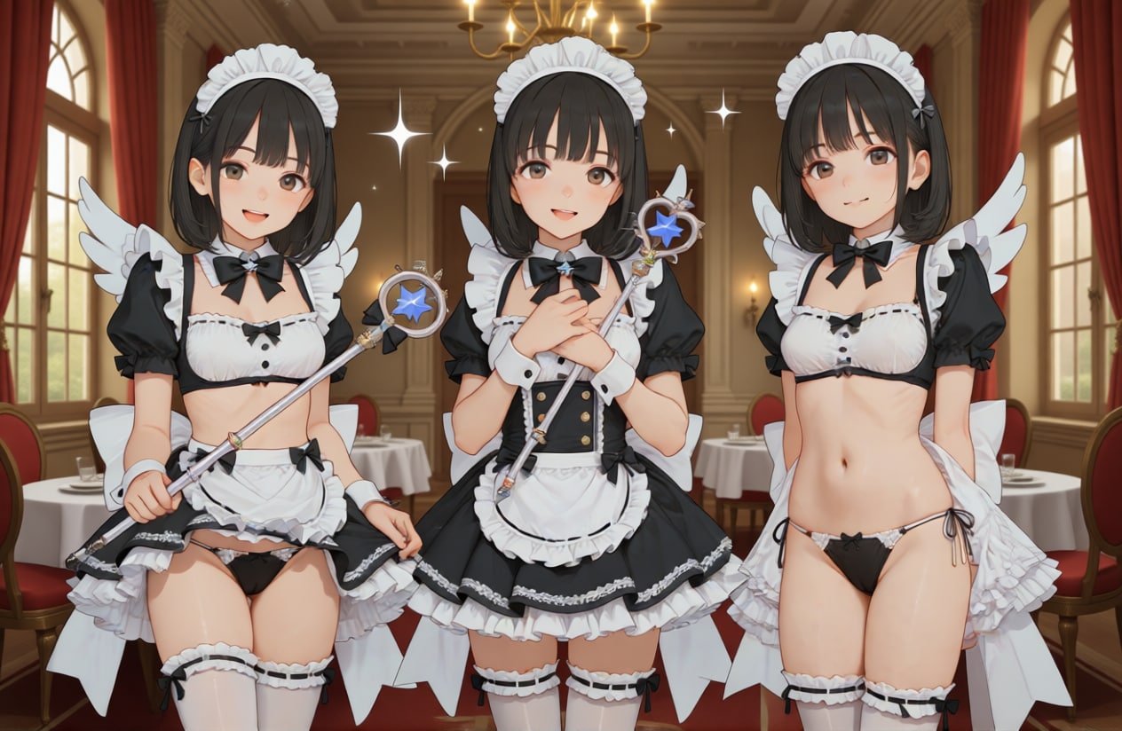 [5枚] 「我が家のメイドは魔法少女メイドだ。魔法でなんでもやってくれる・・・と思いきや、裸同然の格好で炊事洗濯掃除をやってくれるのだ😀」（メイドたちのワルツ８４の１）