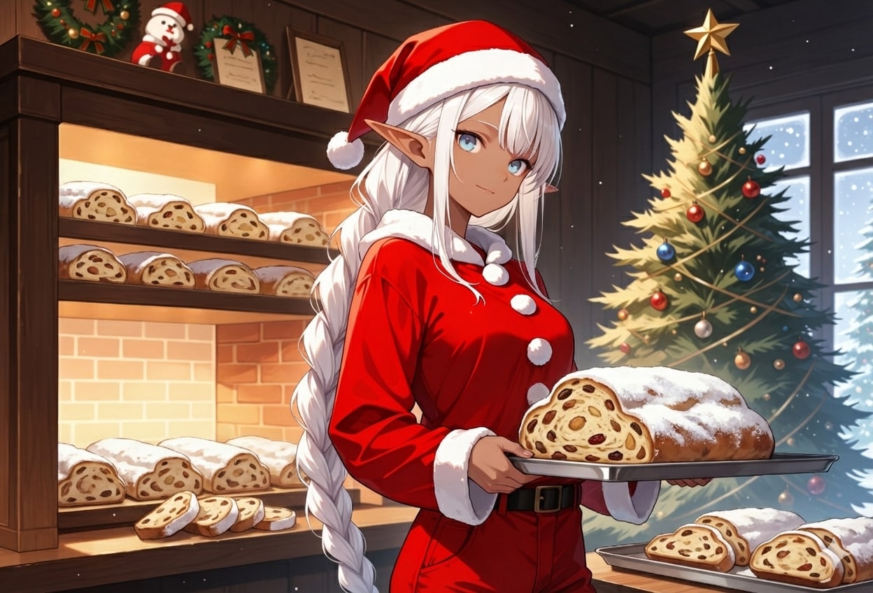 サンタクロース衣装でシュトーレンを販売するパン屋を営むダークエルフさん | の人気AIイラスト・グラビア