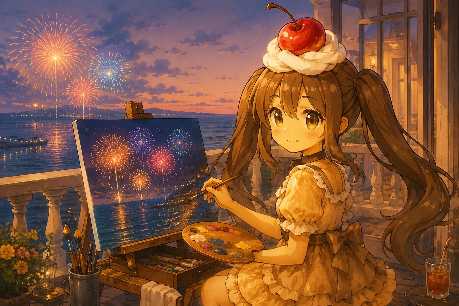 花火大会を描くカラメルプリンスライムちゃん | の人気AIイラスト・グラビア