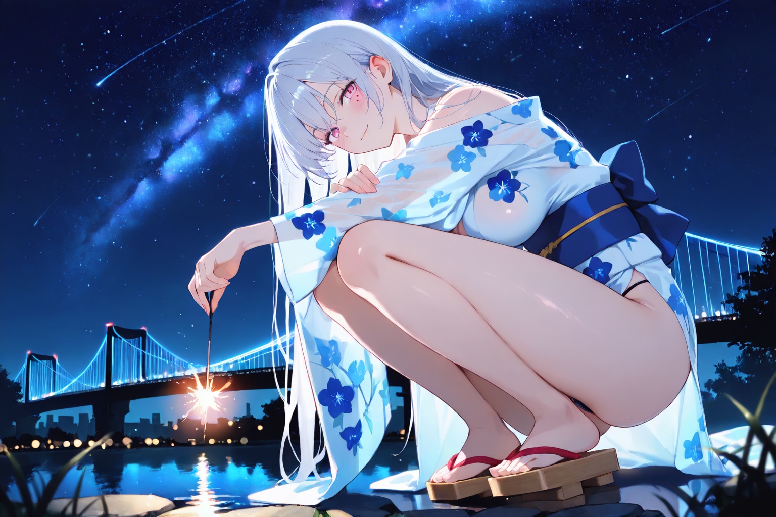 銀髪の子と夜の川と花火