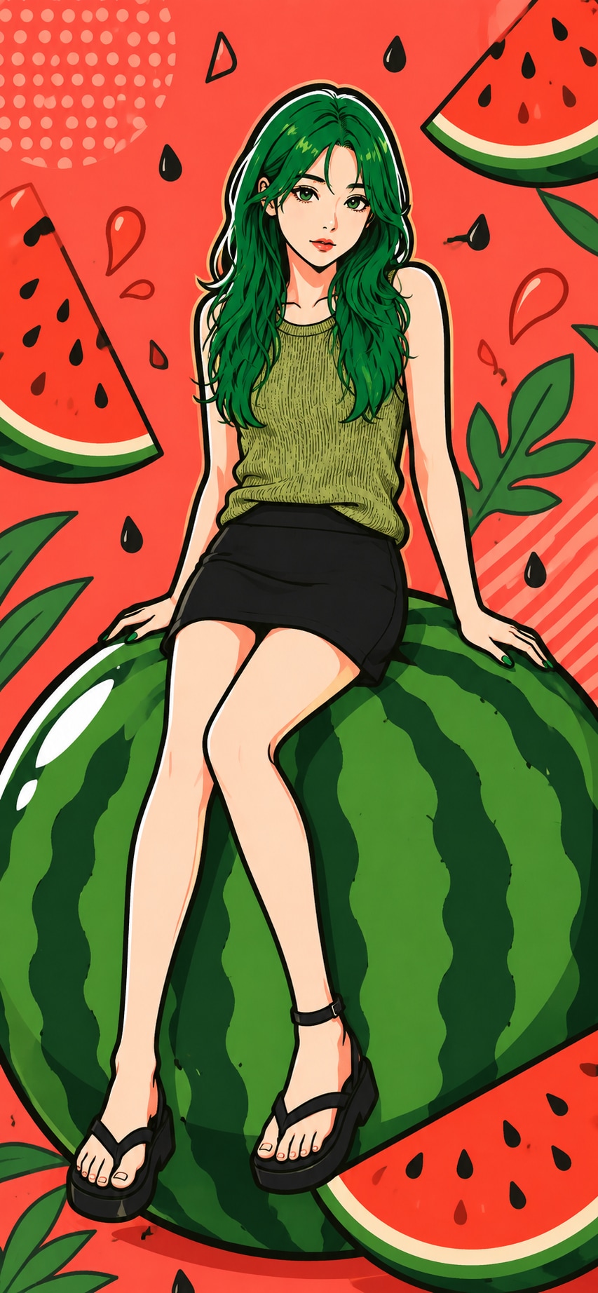 スイカ🍉に乗る緑ちゃん💚