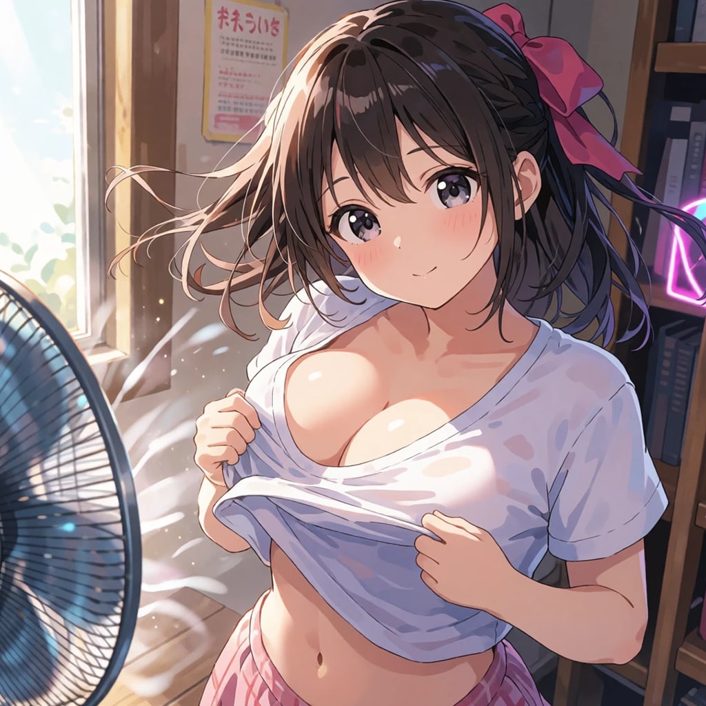 扇風機で涼む少女