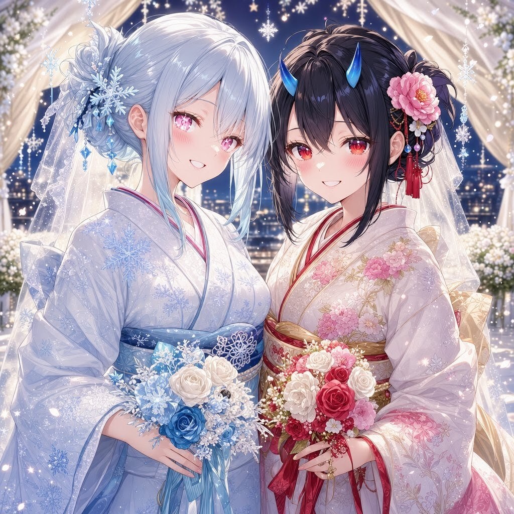 鬼ちゃんと雪女さんのウェディング衣装