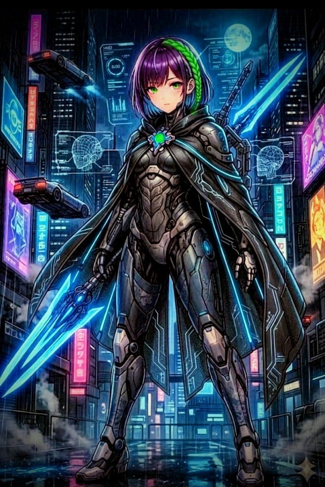 緑色のサイボーグアサシンガールVS深緑の機械鎧武者&赤色サイボーグアサシンガールVS朱の機械化鎧武者