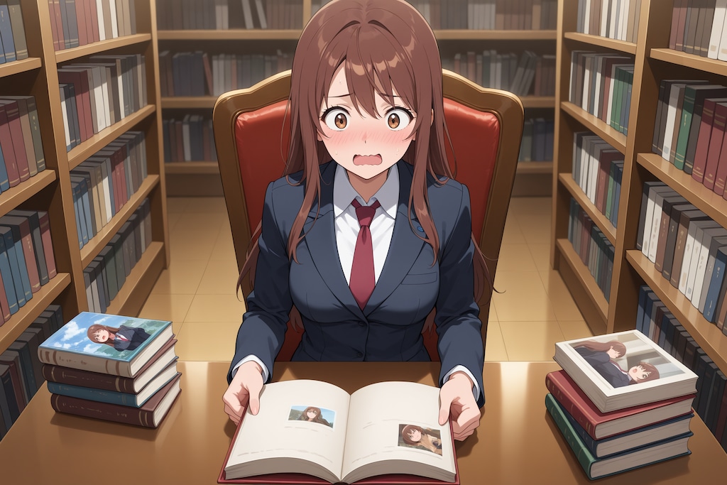 図書館で過去資料を読む桐島さん