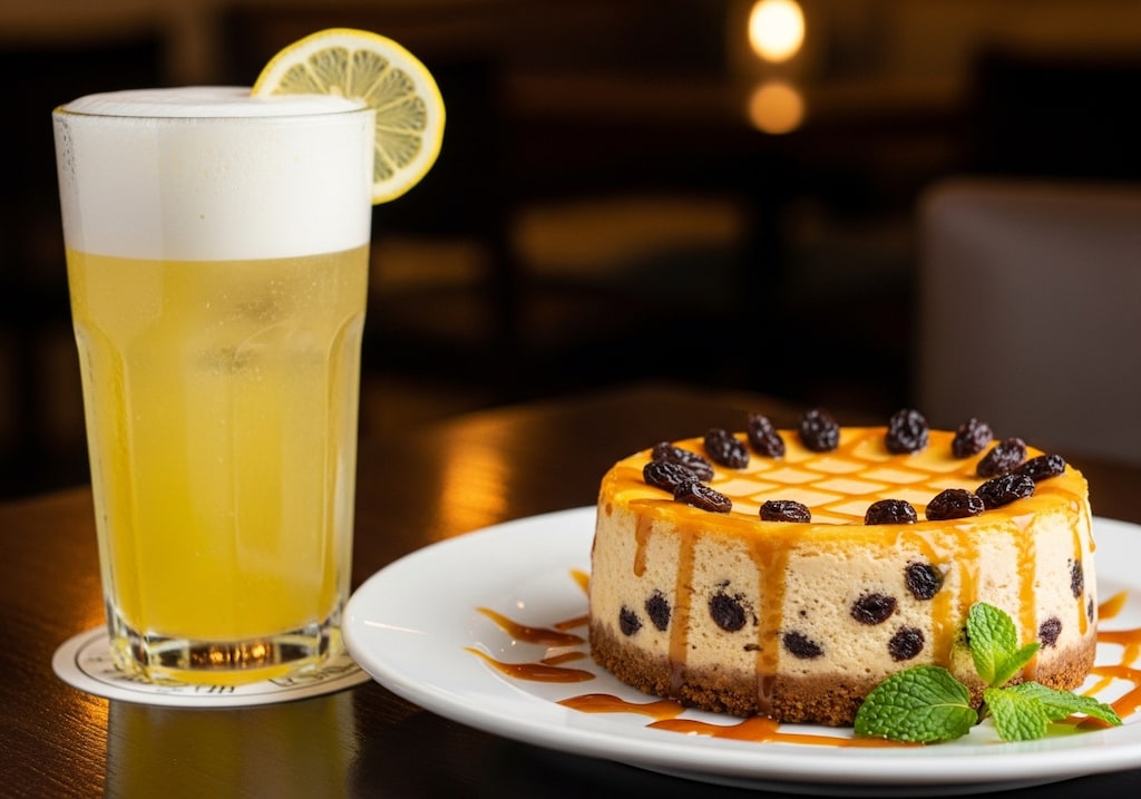 デザートのレーズンチーズケーキとレモンサワーのセット