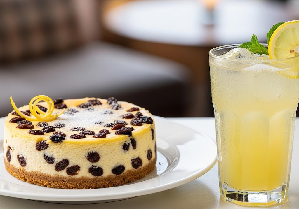 デザートのレーズンチーズケーキとレモンサワーのセット