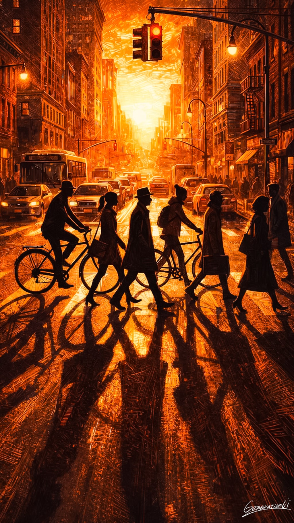 オレンジ色の街と帰路のシルエット／スマホ壁紙アーカイブ