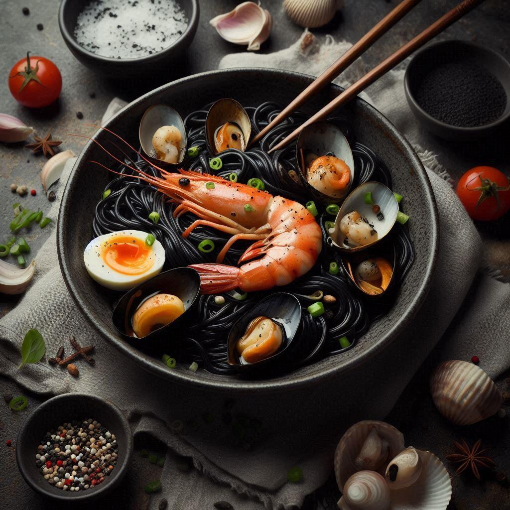 黒いseafood noodle