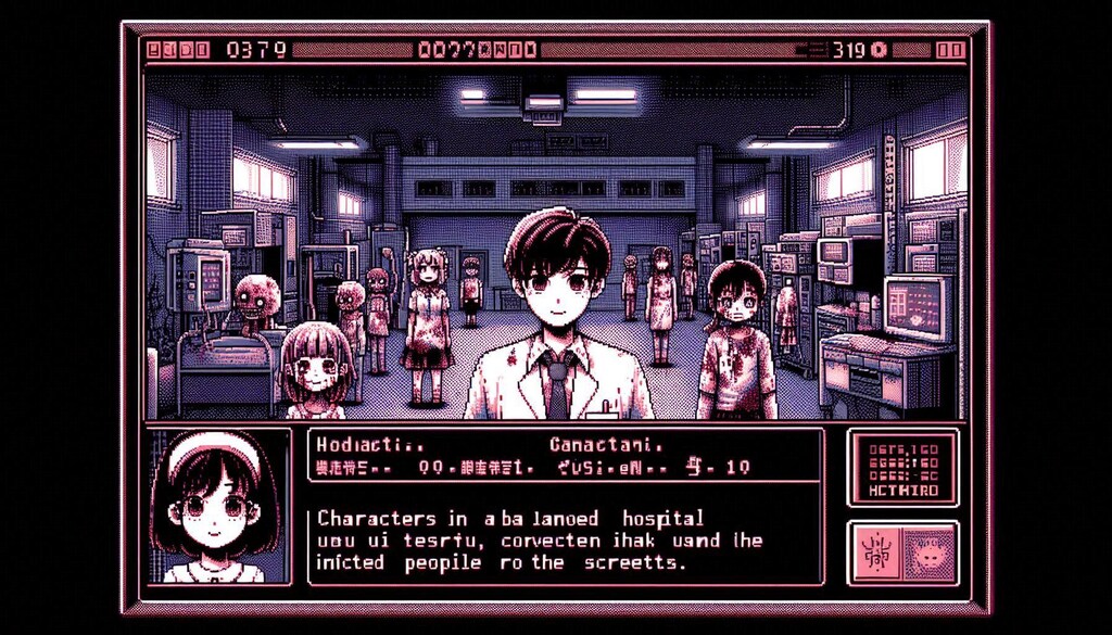 パンデミックで医療と文明が崩壊した世界の病院で避難したJK達と生き延びるゲーム（ドットレトロゲーム風）