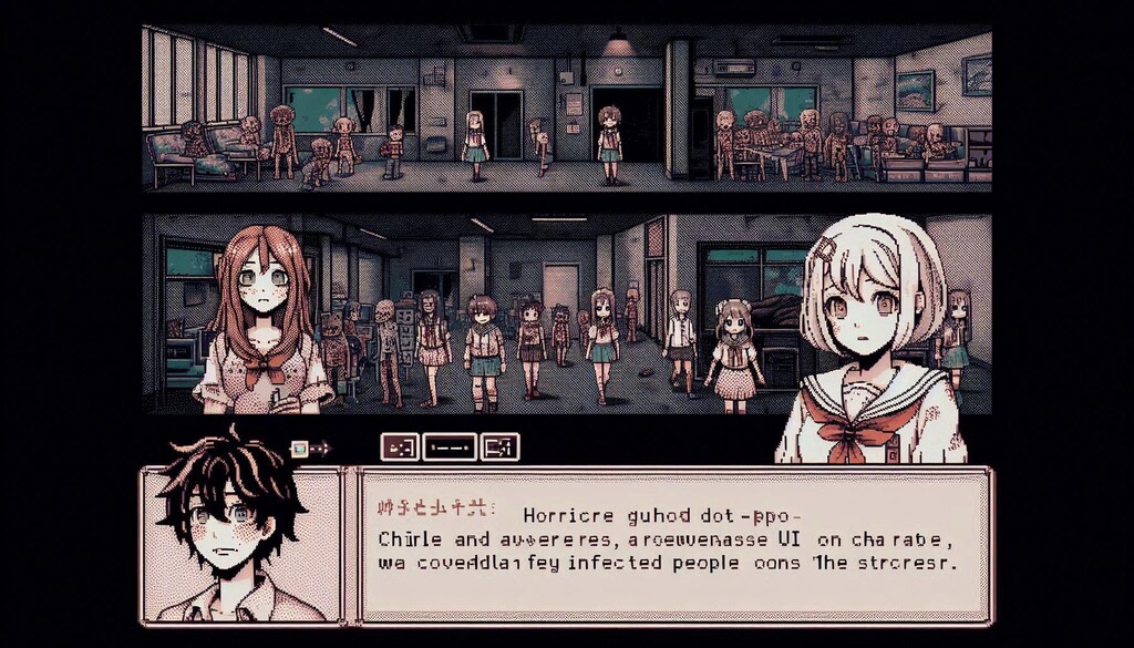 パンデミックで医療と文明が崩壊した世界の病院で避難したJK達と生き延びるゲーム（ドットレトロゲーム風）