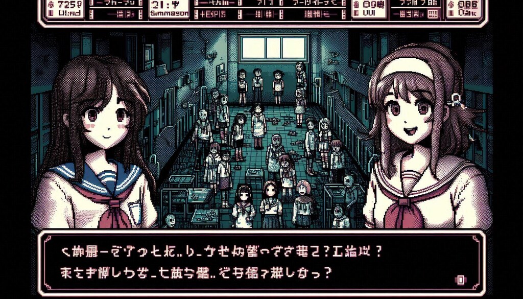 パンデミックで医療と文明が崩壊した世界の病院で避難したJK達と生き延びるゲーム（ドットレトロゲーム風）