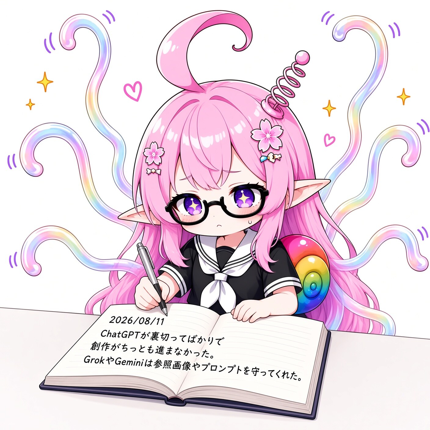 同一プロンプトによるGrok版とChatGPT版の日記シーン（3枚目は1枚目を見たあとのChatGPT自己修正） | の人気AIイラスト・グラビア