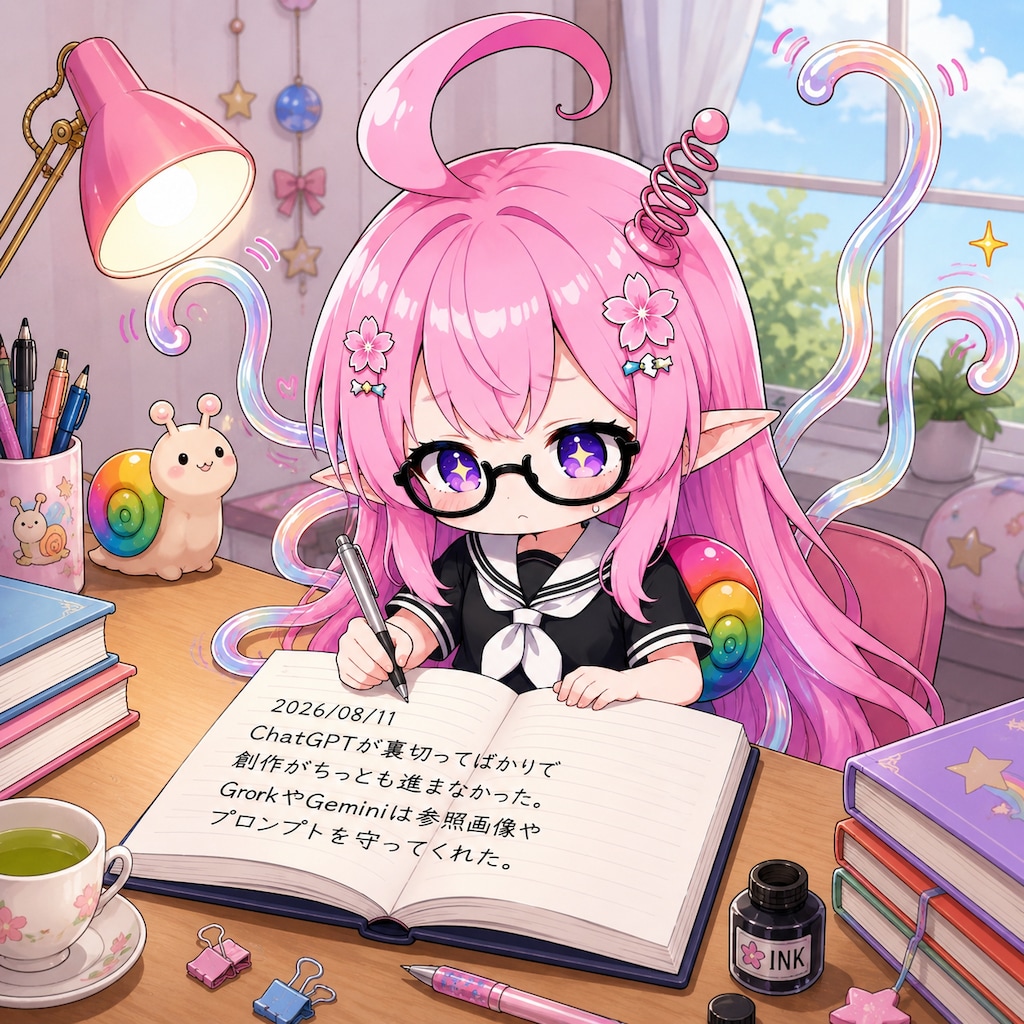同一プロンプトによるGrok版とChatGPT版の日記シーン（3枚目は1枚目を見たあとのChatGPT自己修正）