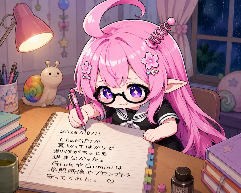 同一プロンプトによるGrok版とChatGPT版の日記シーン（3枚目は1枚目を見たあとのChatGPT自己修正）