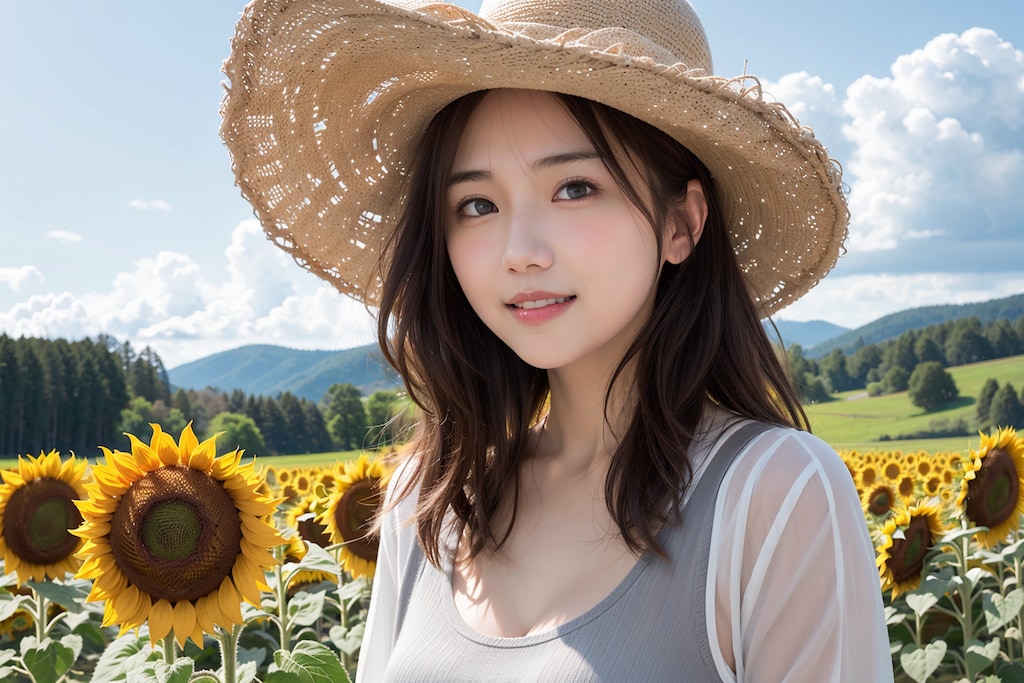 ひまわり畑の女性