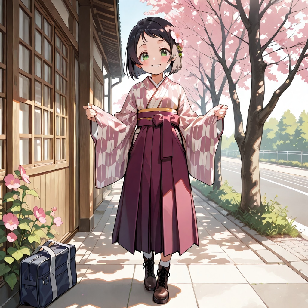 似合ってる？　着物娘の通学　葵ちゃん