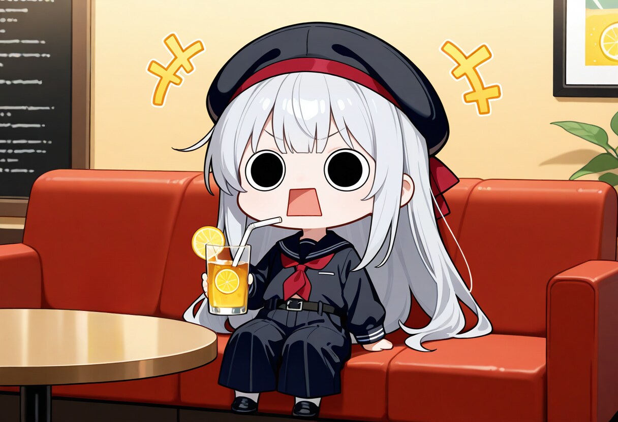 アイスティーを頂くえらいこっちゃ嬢