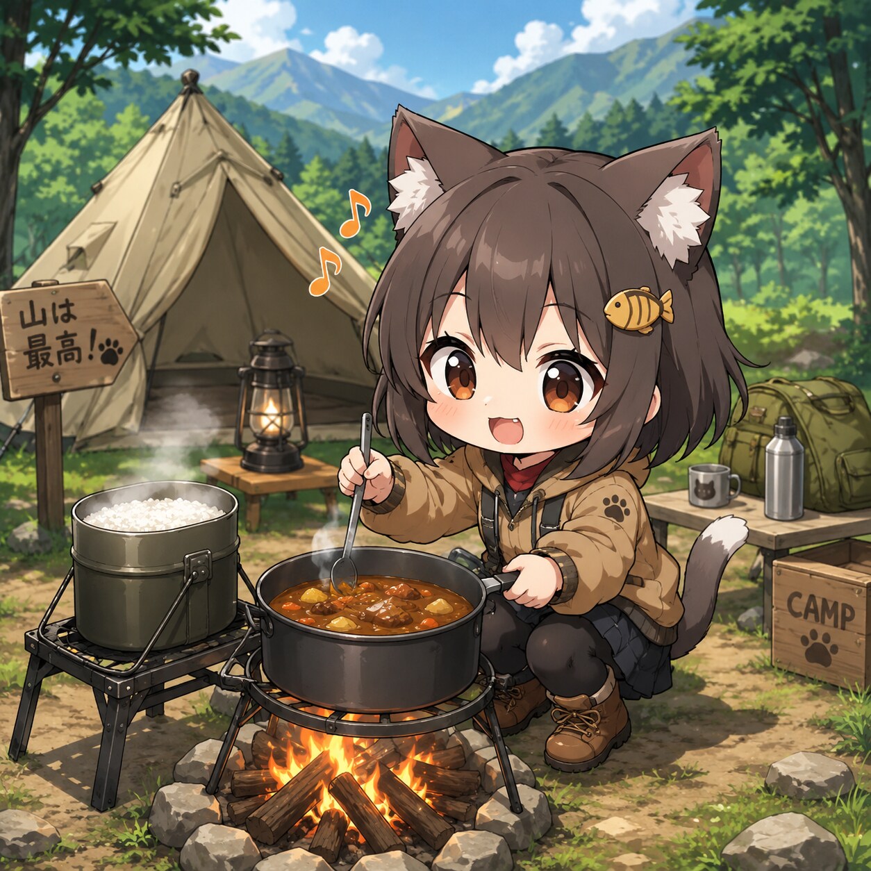 キャンプで料理する猫耳の少女