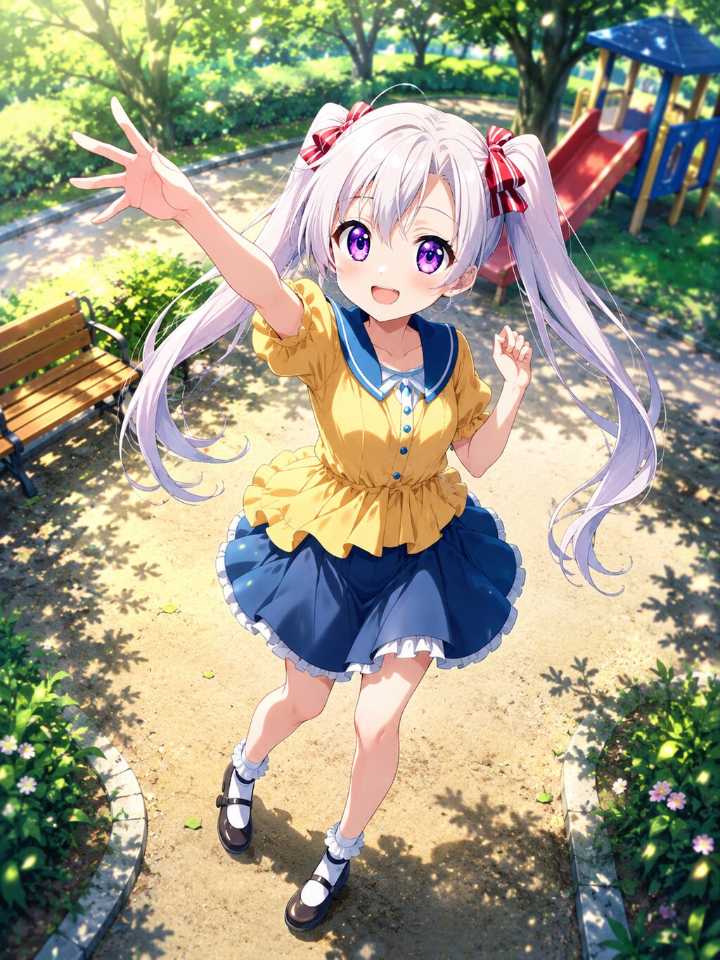 夏の公園で弾む銀髪の少女
