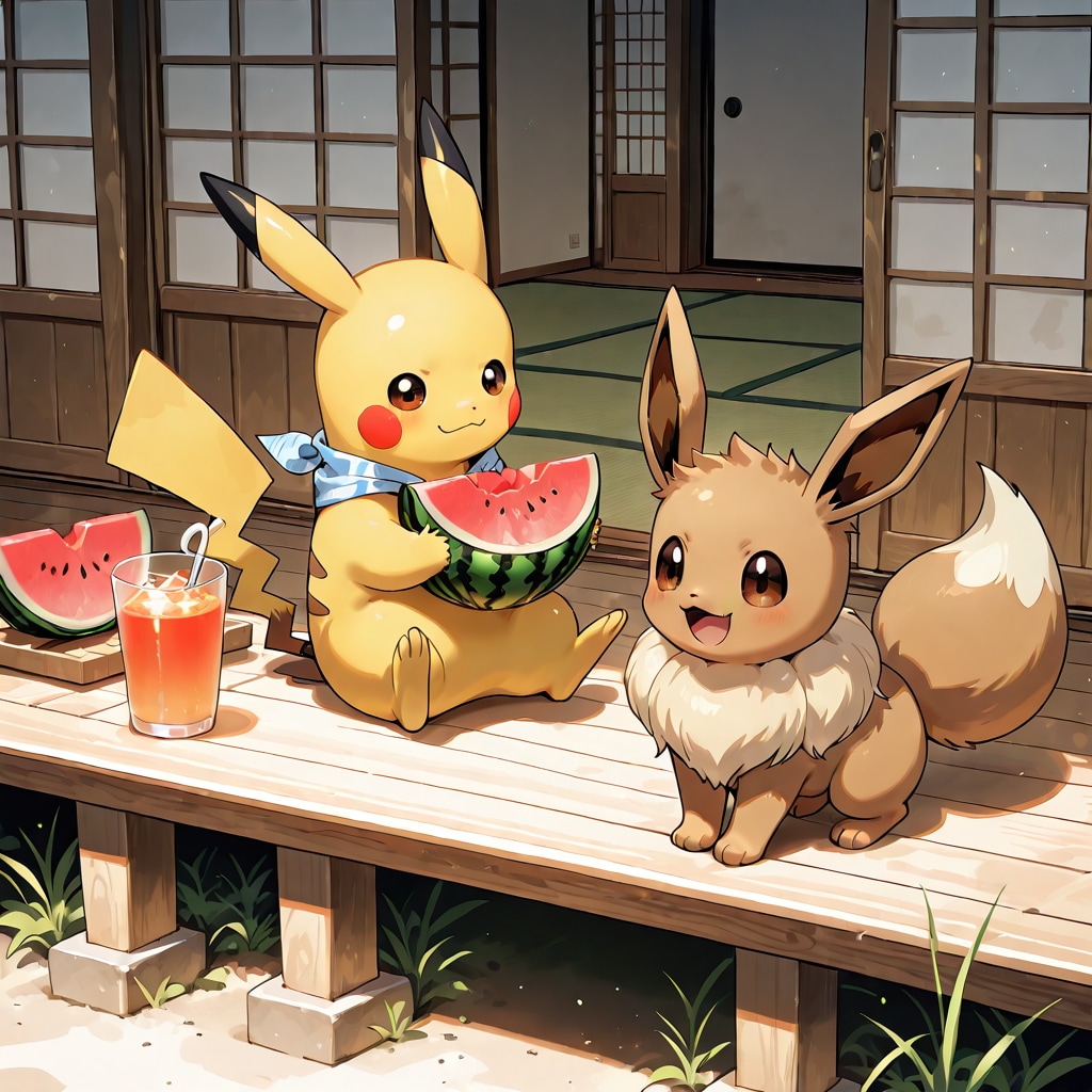 ピカチュウとイーブイ　夏休みのスイカ　2026/8/22 | の人気AIイラスト・グラビア