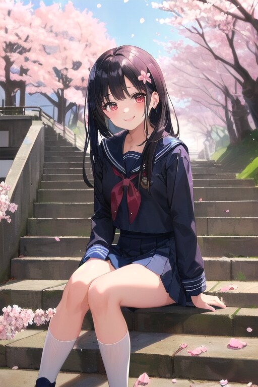 公園の階段に座る女の子 | の人気AIイラスト・グラビア