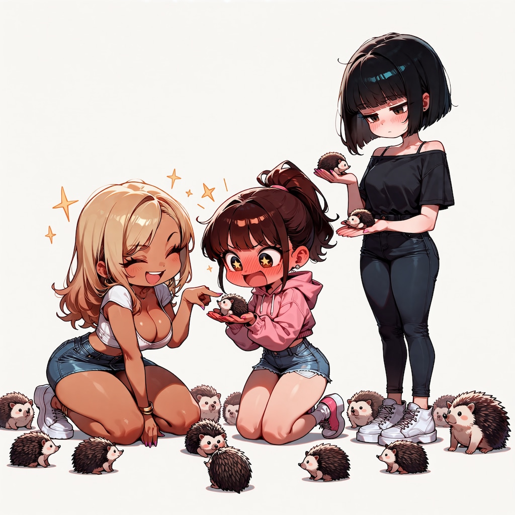 ハリネズミとたわむれる黒ギャル