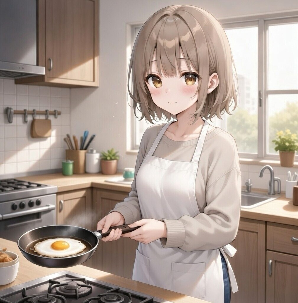 「今日はね、ちょっとだけ頑張って…朝ごはん作ってみたんだよ🍳」 | の人気AIイラスト・グラビア