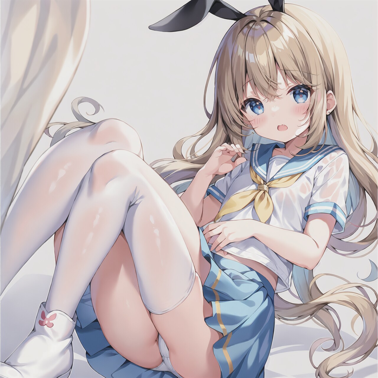 white sailor, embroidered blue mini skirt, white boots
