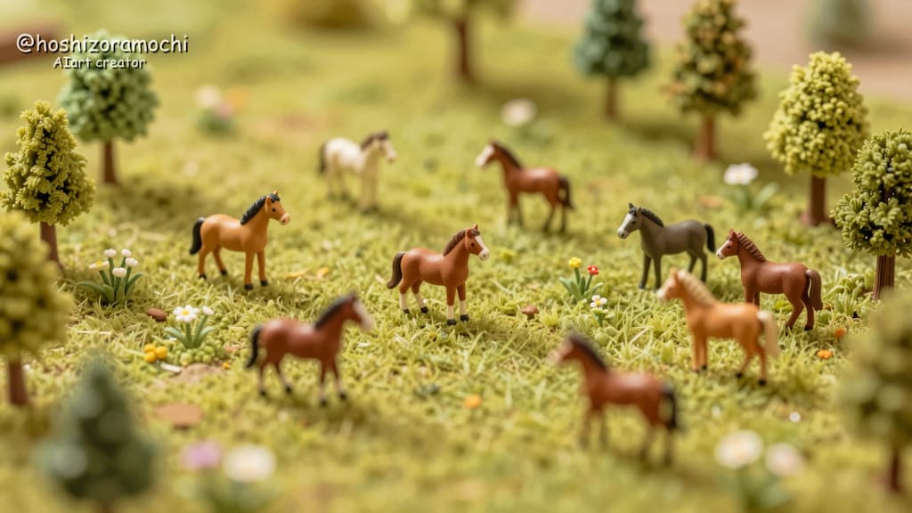 ジオラマの草原と馬たち