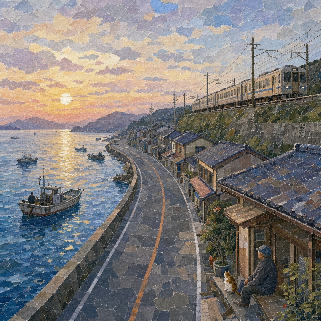 海と老人と猫と夕陽