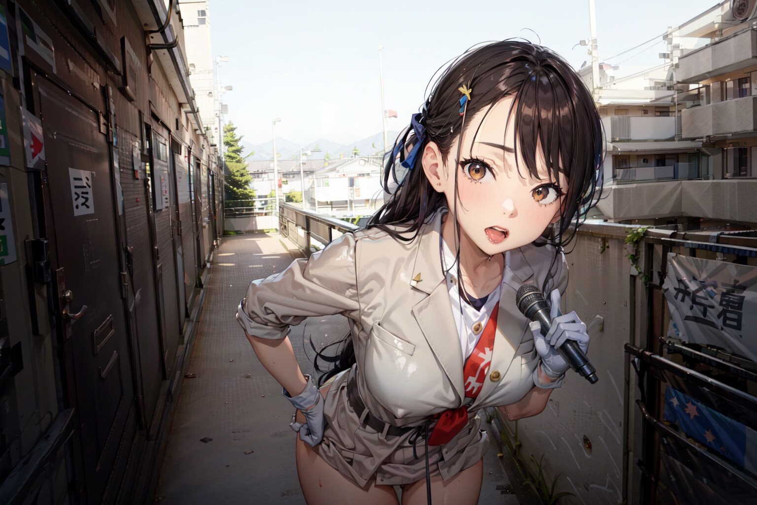 アパートで取材するレポーター