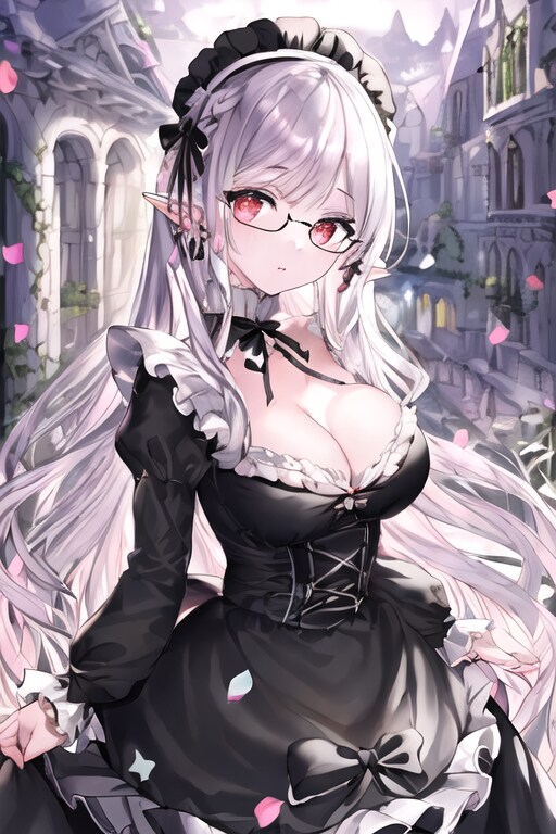 夜会のドレスを着た銀髪紅眼のエルフさん