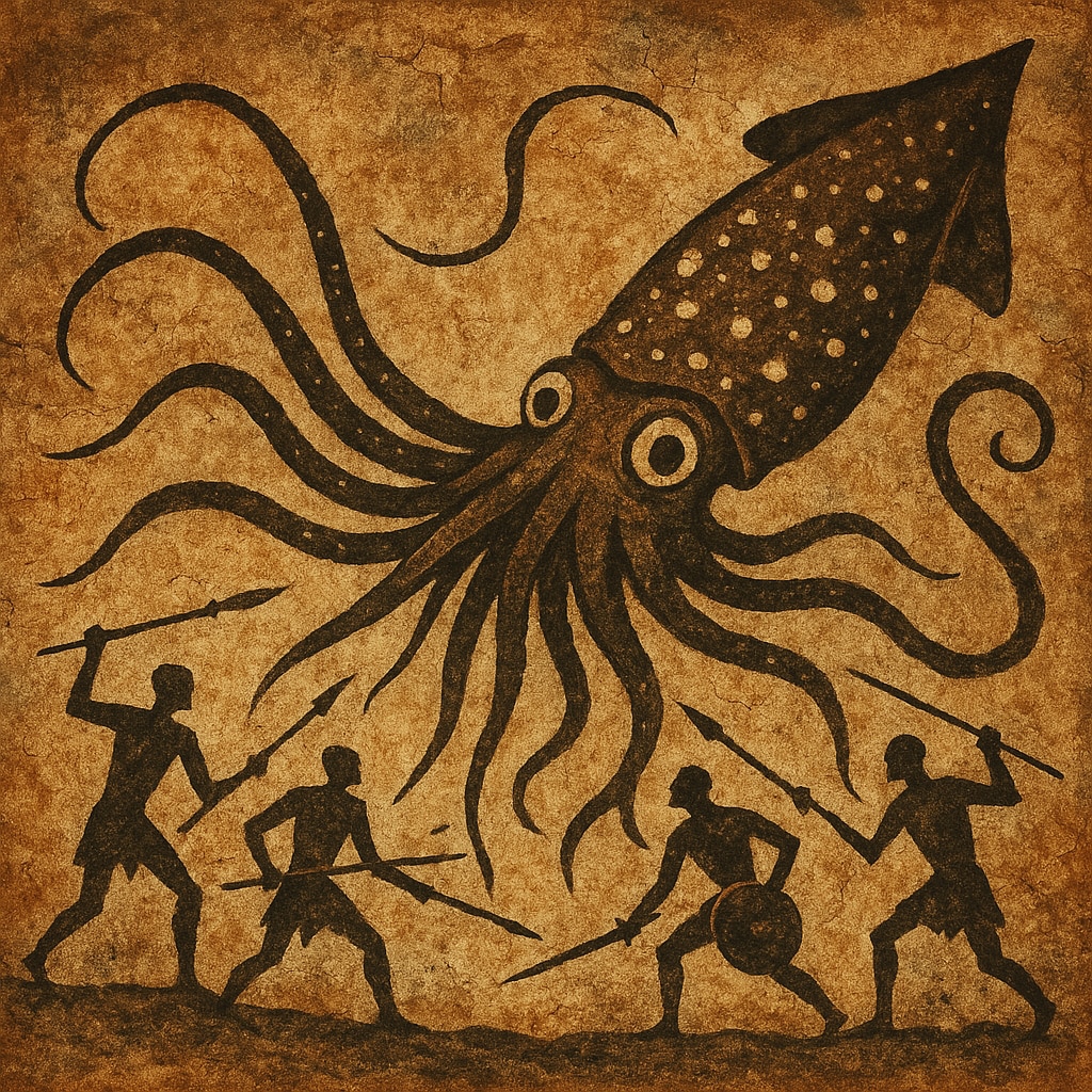 怪物と戦う人々の壁画？