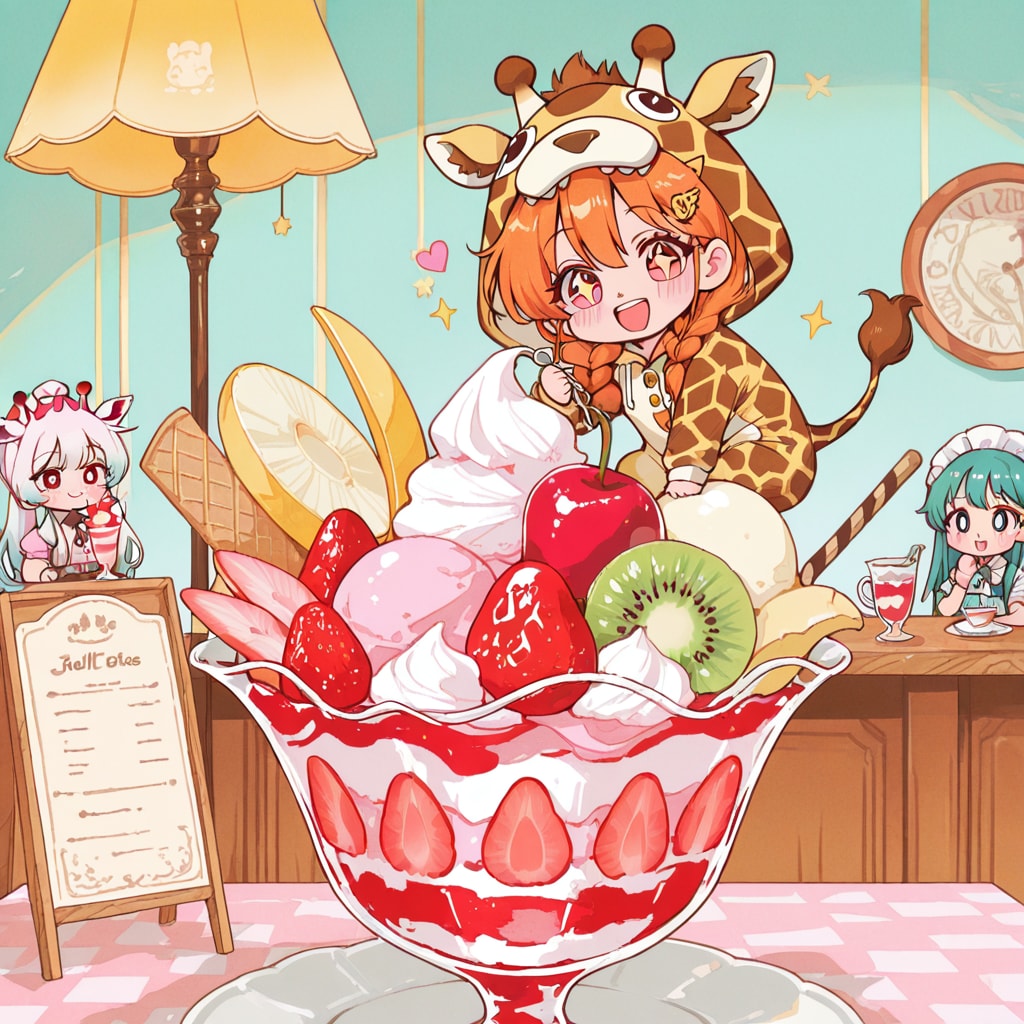 パフェを楽しむキリン着ぐるみちび子ちゃん