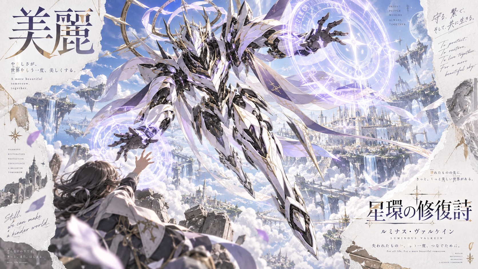 A white guardian descending through magic circles, a boy reaching up to meet its outstretched hand. | の人気AIイラスト・グラビア