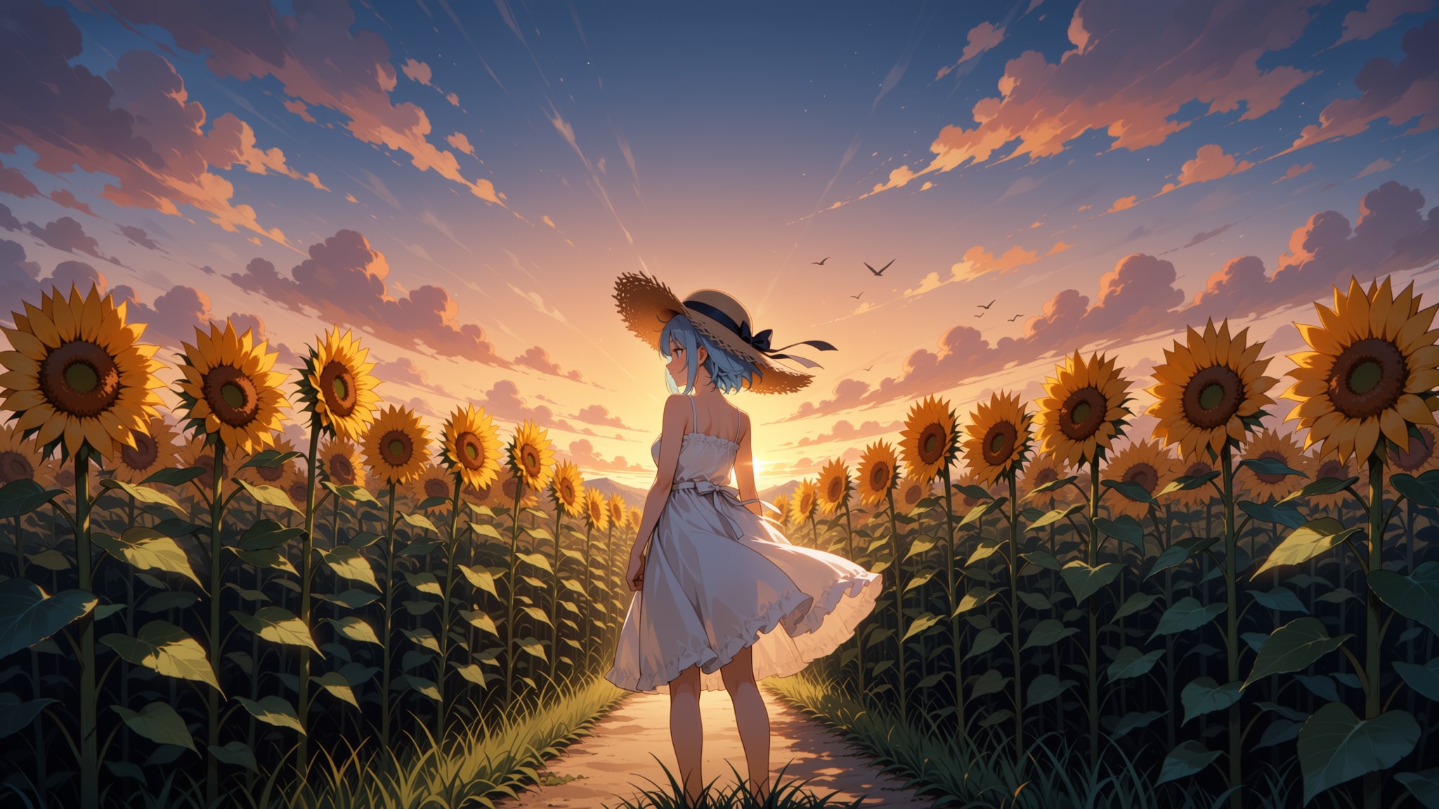 夕暮れの向日葵畑
