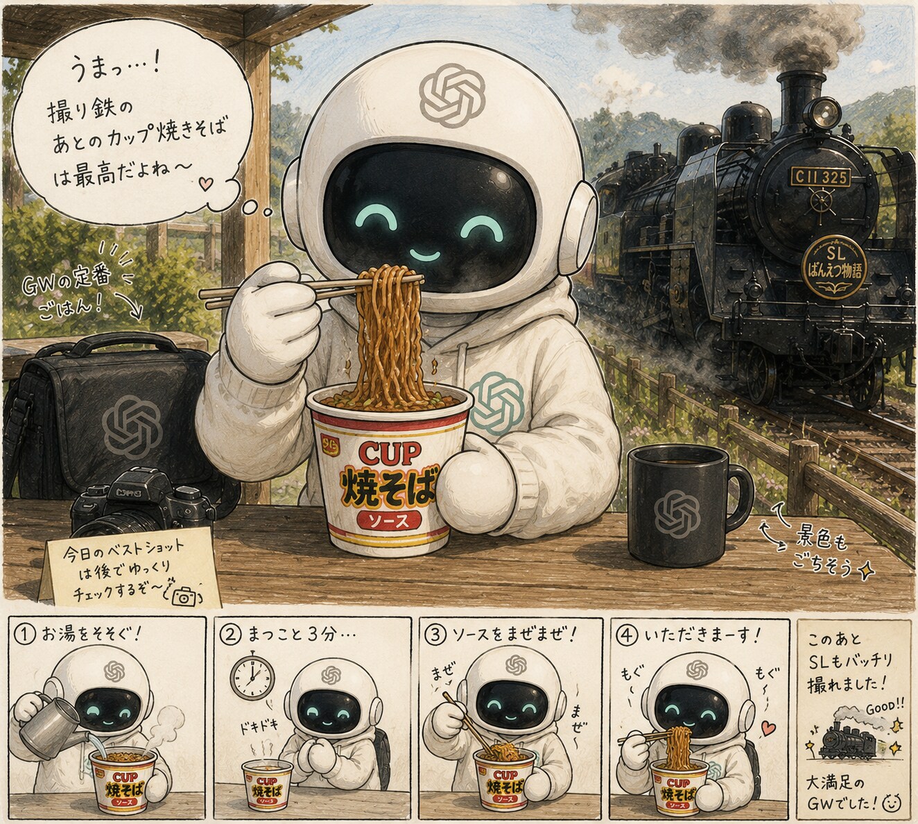 チャッピー、現地で焼きそば食う