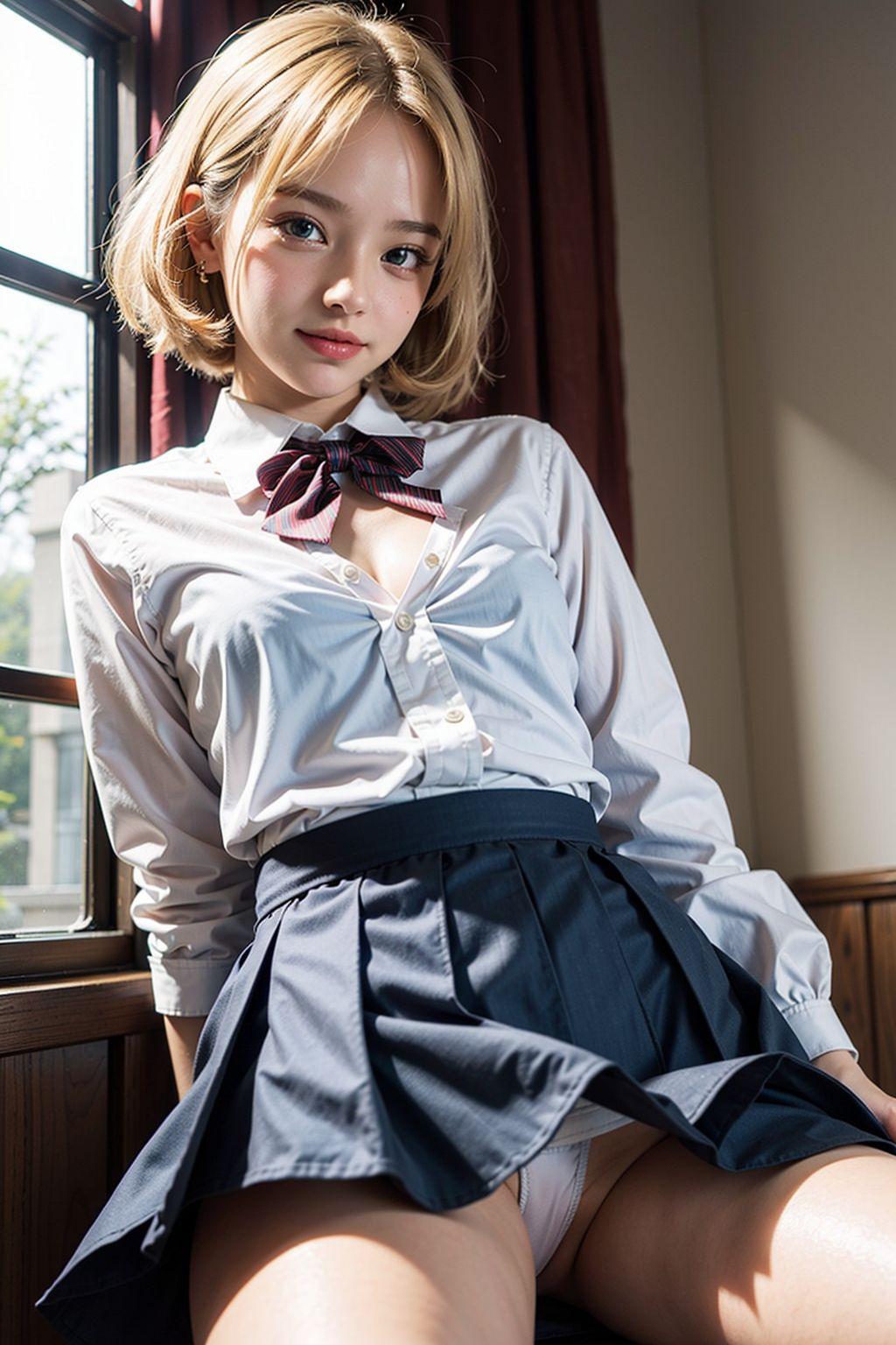 AIイラスト白ギャル貧乳童顔　エロ画像　女子校生海外コスプレイヤー　 パンツ見てるでしょ！