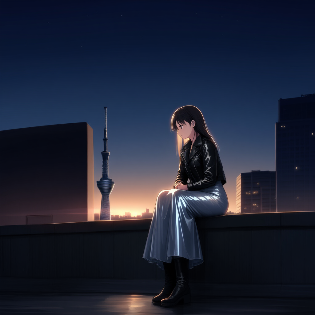 東京の夜明け　革ジャケット＆サテンロングスカート