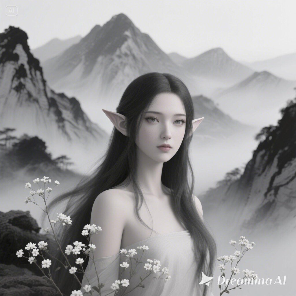幻想の山岳に佇むエルフ